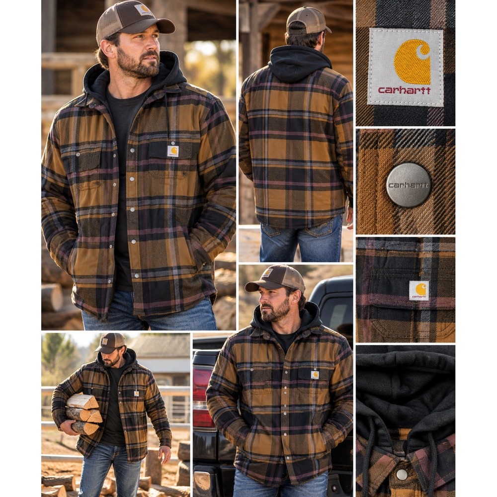 Carhartt Mens Relaxed Fit Fleece Lined Hooded Plaid Shirt Jacket TJ5621-M 2XL